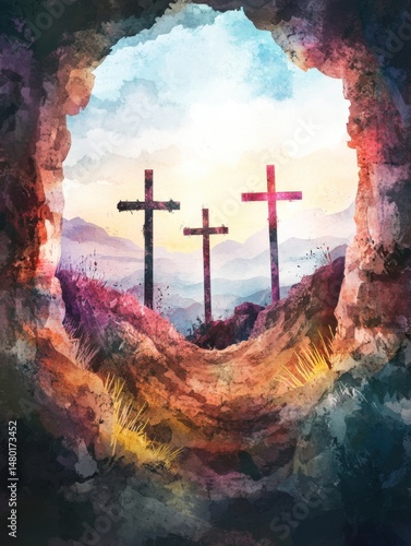 Three crosses stand on a hill seen from a cave watercolor painting style religious Easter abstract landscape