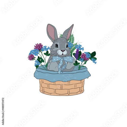 Vector illustration of a hare in a basket with flowers