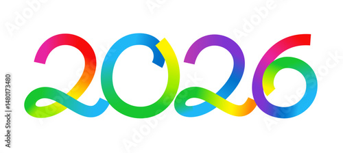 Abstract gradient lines in shape of 2026. New year number from rainbow colored ribbons. Modern design elements of 2026 year calendar or greeting card with rainbow gradient lines, vector illustration