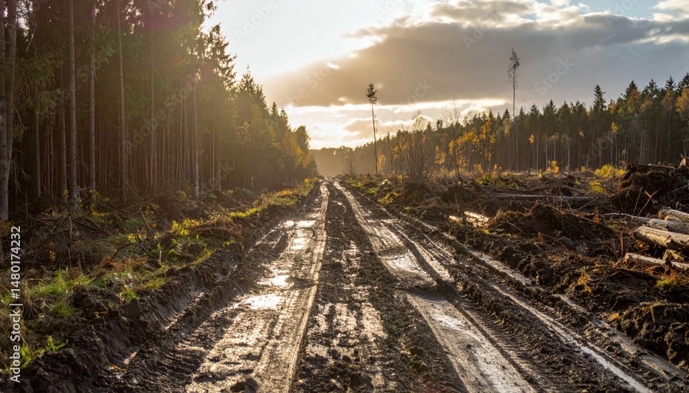 Fototapeta premium Muddy Road Through Forest Landscape at Dusk with Sunlight Glare