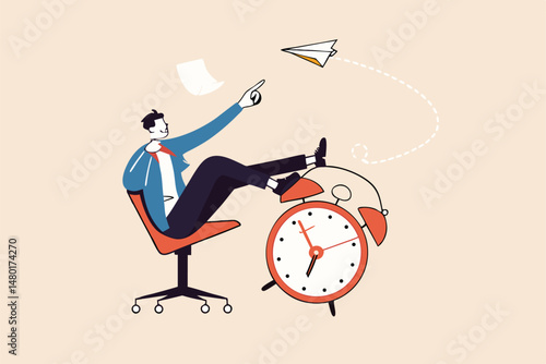 Productivity and efficiency in work, procrastination or time management or project deadline, best performance employee concept, smart relax businessman sitting on alarm clock launching paper airplane.