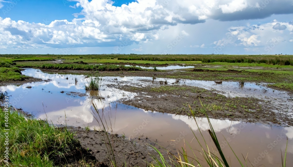 Fototapeta premium Serene Marsh Landscape Under Blue Sky with Fluffy Clouds