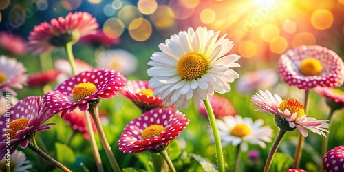Sunlit Meadow with Floral Polka Dot Pattern - Vibrant Spring Stock Photo
