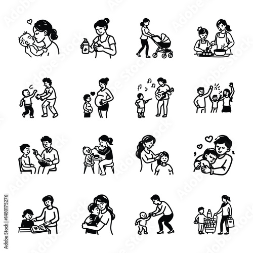 Diverse moments of parenting depicted symbolically