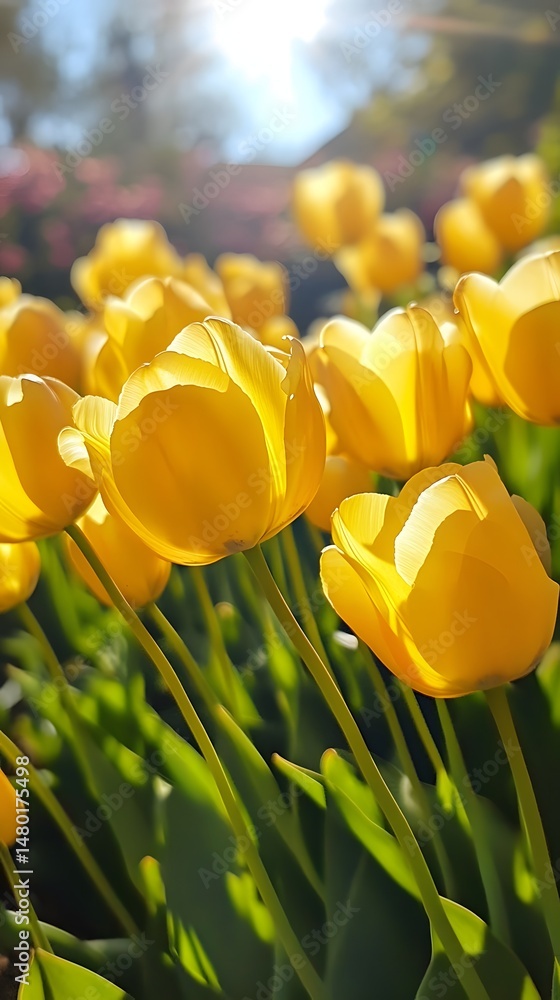 Obraz premium Bright yellow tulips in sunlight, vibrant springtime display.