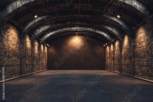 Dark brick tunnel arched ceiling dimly lit interior space