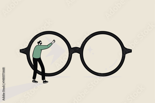 Clear business vision, see through lenses in details or clean and clear business outlook concept, miniature worker cleaning huge eyeglass lenses for owner to get clear vision.