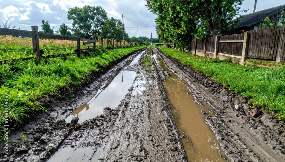 Obraz premium Muddy Pathway Through Field Under Cloudy Sky in Rural Setting