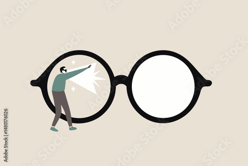 Clear business vision, see through lenses in details or clean and clear business outlook concept, miniature worker cleaning huge eyeglass lenses for owner to get clear vision.