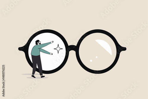 Clear business vision, see through lenses in details or clean and clear business outlook concept, miniature worker cleaning huge eyeglass lenses for owner to get clear vision.