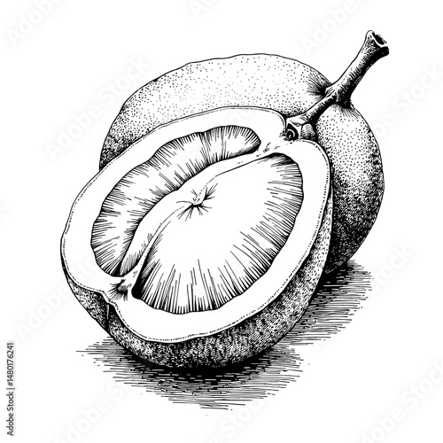 Vintage black ink sketch of sliced santol fruit showing white pulp  