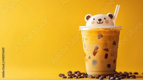 Cute bear topped iced coffee drink on vibrant yellow background with coffee beans scattered around