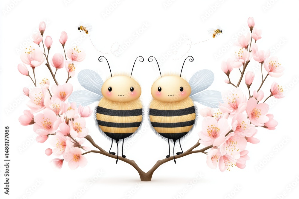 Obraz premium Flat pastel bee and peach flower illustration with little buzzing trails on white background