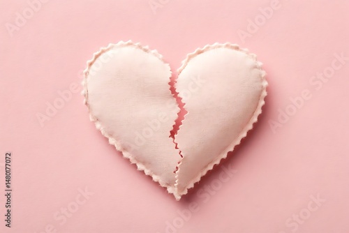 Broken heart made of fabric on pink background – symbol of love and sadness