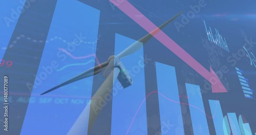 Wind turbine hub with blade generating declining data trend, showing blue bar charts and pink arrow