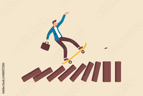 Business disruption, new disruptive innovation change, transform business and disrupt existing competitor company concept, smart innovative businessman surf fast skateboard hit all dominos collapse.