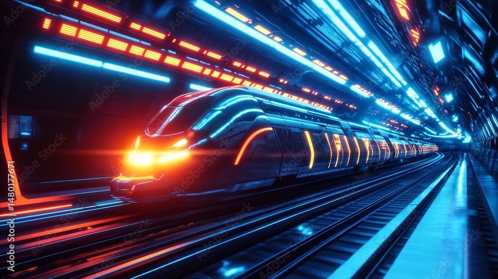A sleek, futuristic red train glides along a track, A sleek, futuristic red train glides along a track,