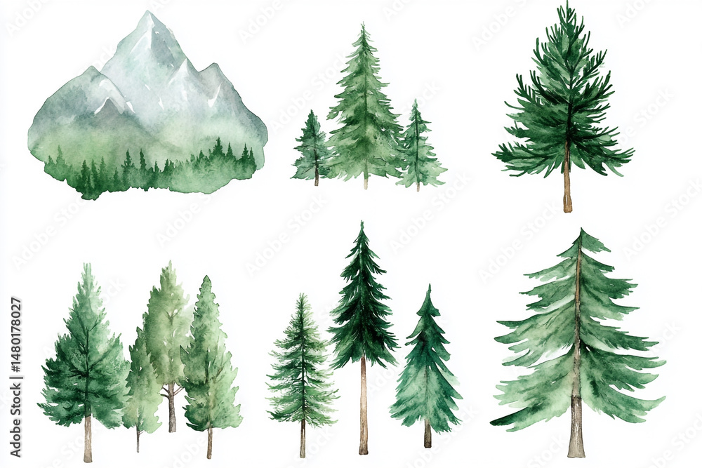 Obraz premium Watercolor Evergreen Trees and Mountain Landscape Nature Scene