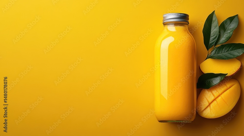 Fresh Mango Juice in Glass Bottle with Mango Slices and Green Leaves on Bright Yellow Background Fresh Mango Juice in Glass Bottle with Mango Slices and Green Leaves on Bright Yellow Background