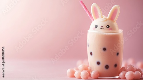 Cute Easter-themed dessert drink with bunny marshmallow topping and pastel pink background for festive celebration