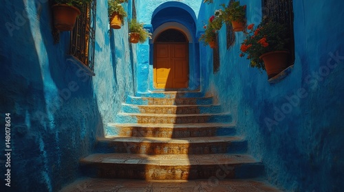Blue alleyway stairs in a vibrant Moroccan city. Sunlight casts shadows on the steps.  Potted flowers adorn the walls