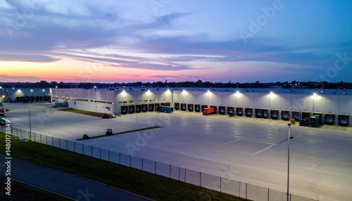 Wallpaper Mural Modern Warehouse at Sunset with Loading Docks and Trucks Torontodigital.ca