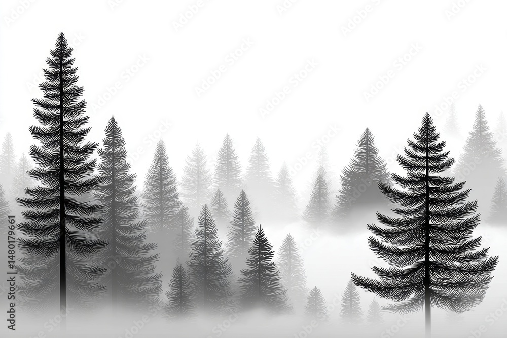 Obraz premium Pixel art misty forest with soft fog effects moving through pixel pine trees in grayscale palette