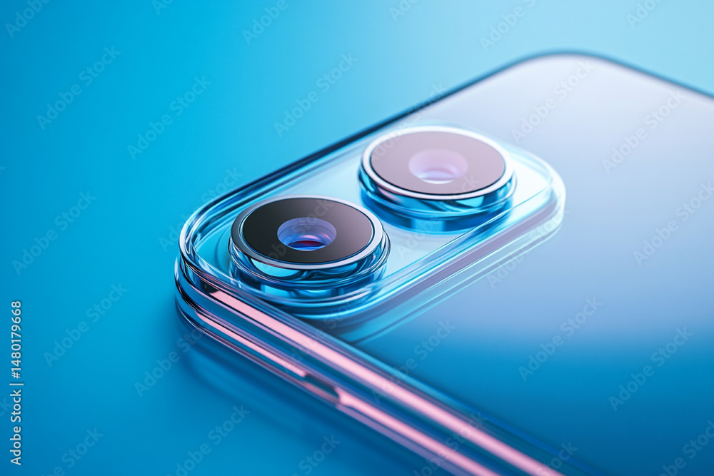 Dual lens smartphone camera close up blue background sleek design Dual lens smartphone camera close up blue background sleek design