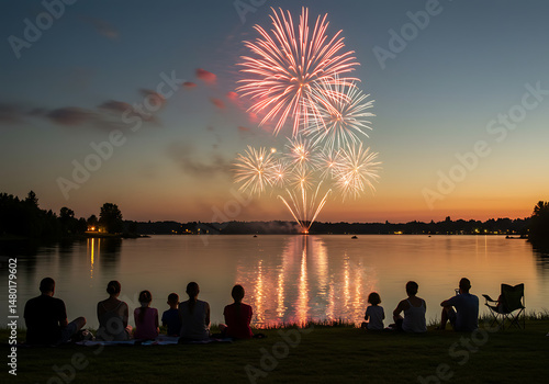 Spectators Watching Fireworks Burst Over Calm Lake at Dusk Silhouetted Figures