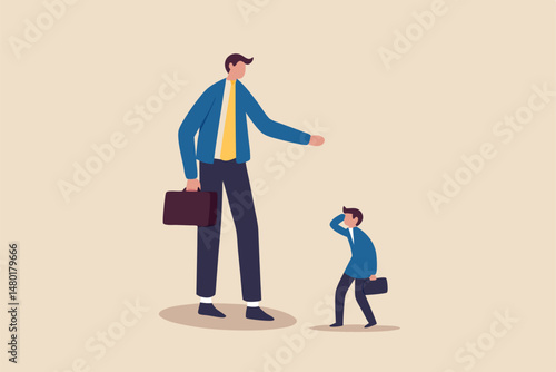 Big business competitor, career obstacle, conflict with boss, overcome difficulties in work or entrepreneur, SME, Small and Medium Enterprise concept, small guy businessman confront big competitor.