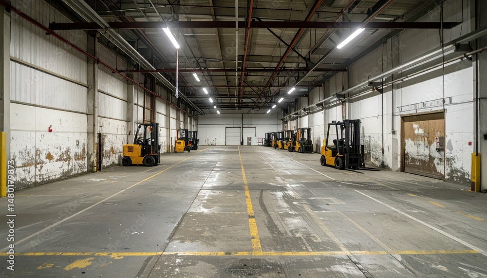 Fototapeta premium Spacious Warehouse Interior with Forklifts and Empty Pallet Area