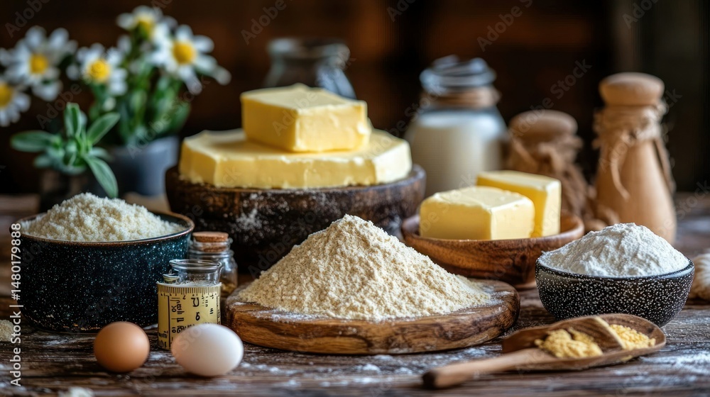 Rustic baking ingredients. Butter, flour, eggs, milk Rustic baking ingredients. Butter, flour, eggs, milk