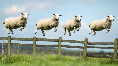 Counting sheep jumping over fence for sleep aid and insomnia relief concept farm animals in field