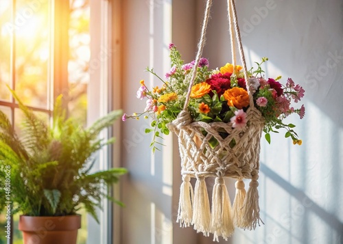 Sustainable Macrame Hanging Planter with Blooming Flowers - Eco-Friendly Home Decor