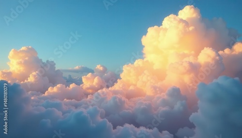 Golden hour light bathes soft, billowing clouds in a breathtaking blue sky canvas , texture, peaceful