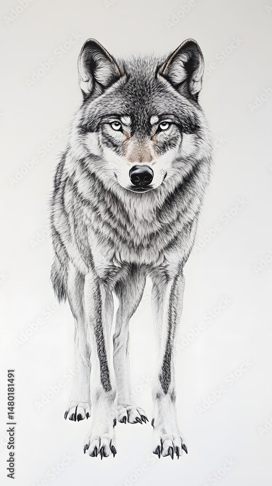 Obraz premium Detailed grayscale illustration of a watchful wolf.
