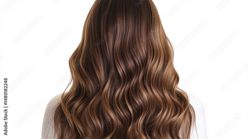 Fototapeta premium Long Wavy Brown Hair with Glossy Shine on Isolated Background for Beauty and Haircare Concepts