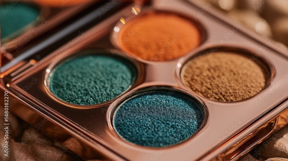 Close up shot of a luxurious eyeshadow palette featuring rich teal and warm earthy tones perfect for autumn makeup looks Close up shot of a luxurious eyeshadow palette featuring rich teal and warm earthy tones perfect for autumn makeup looks