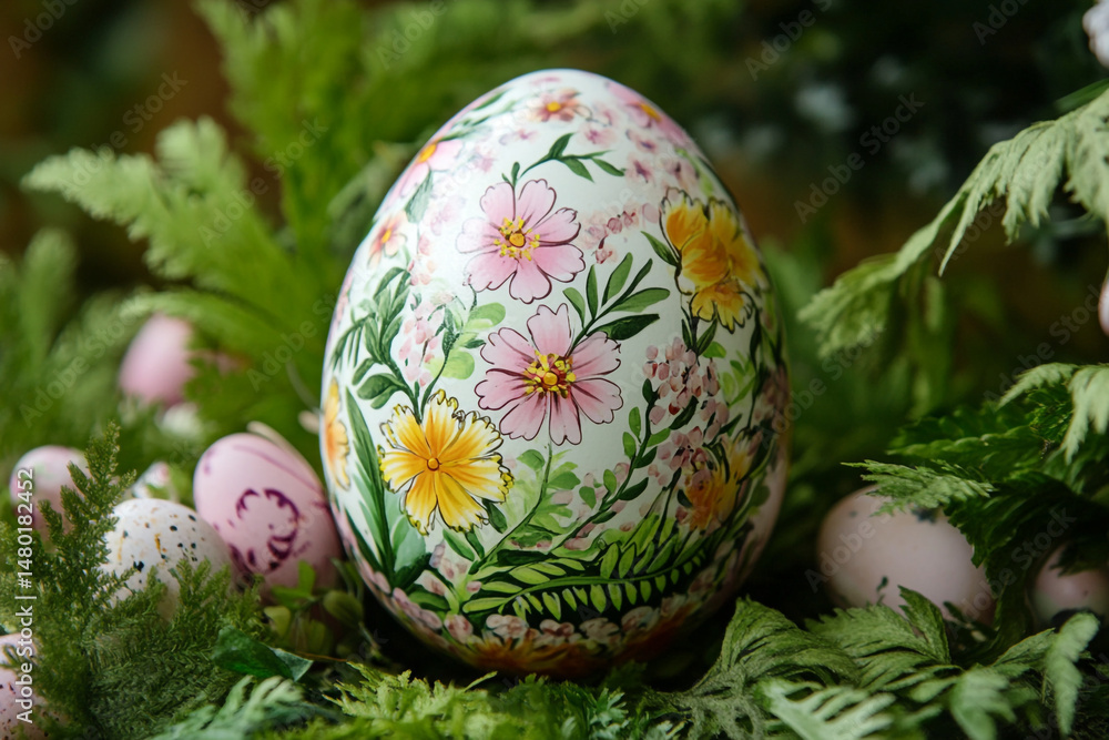 Fototapeta premium Decorated Easter egg nestled in greenery featuring pink and yellow flowers