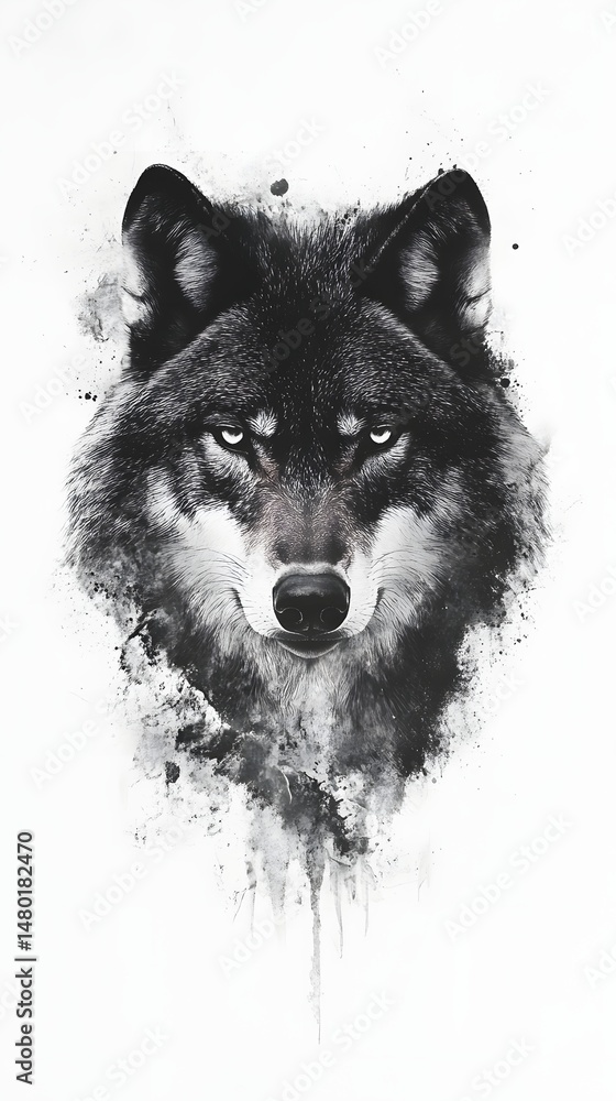 Fototapeta premium Powerful grayscale portrait of a wolf head.