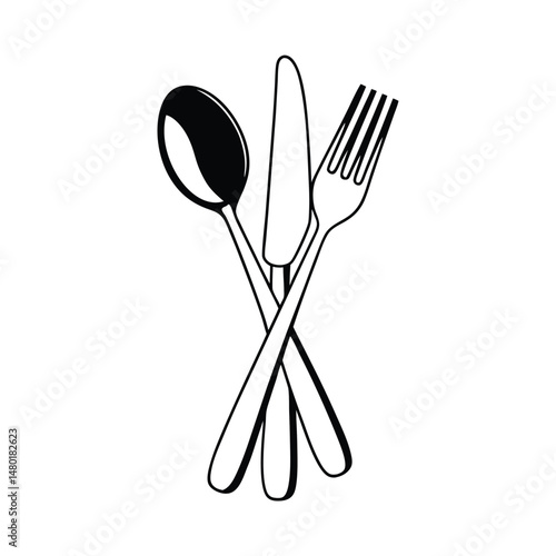 Elegant black and white cutlery set including spoon knife and fork on white background
