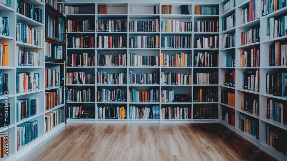 The modern white ash wood bookshelf is filled with books and office supplies, creating a neat space. The modern white ash wood bookshelf is filled with books and office supplies, creating a neat space.