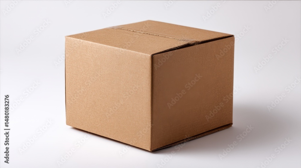 Fototapeta premium A Closed Square Cardboard Box on a White Background Ideal for Shipping Packaging Design