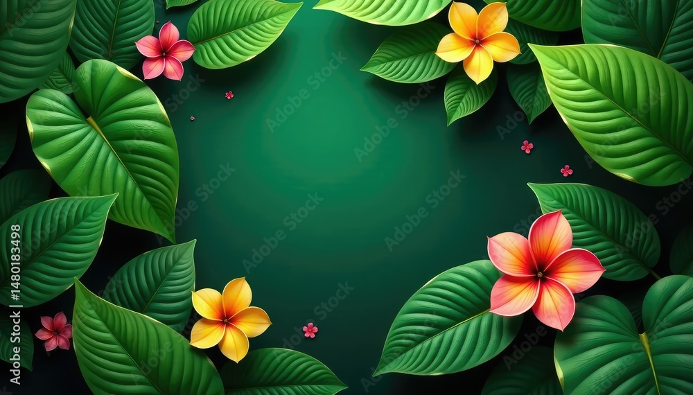 Fototapeta premium Lush green tropical foliage, vibrant leaves and flowers , summer, natural, palm leaves
