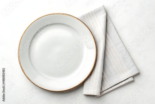 Blank plate and folded napkin on white – table setting flat lay