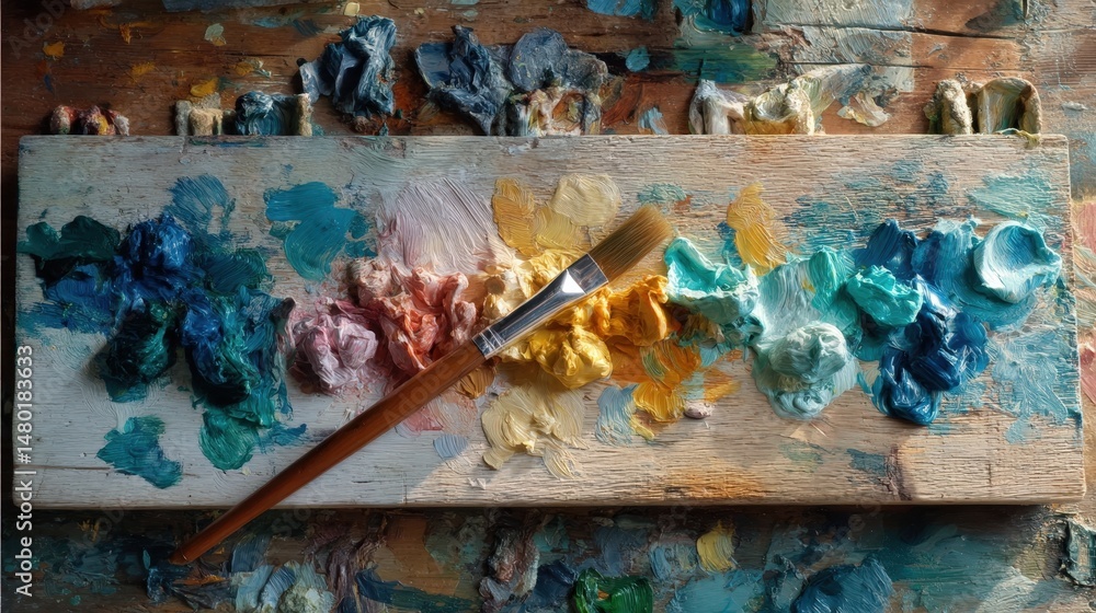 Artist's Palette with Oil Paint Colors and Brush Vibrant Hues for Creative Painting Artist's Palette with Oil Paint Colors and Brush Vibrant Hues for Creative Painting