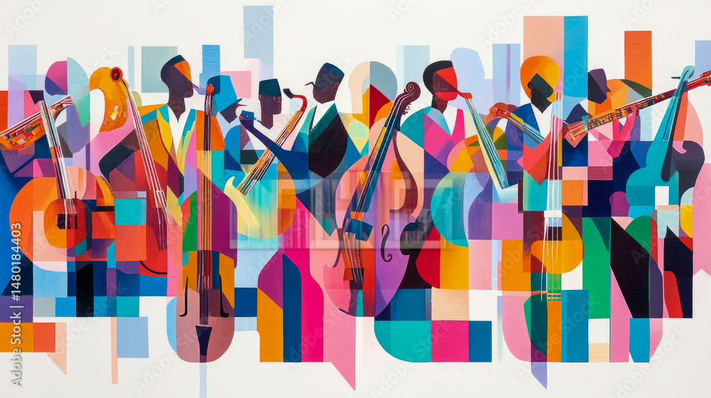 Fototapeta premium Abstract Musicians: A Vibrant Composition of Jazz Instruments and Geometric Shapes