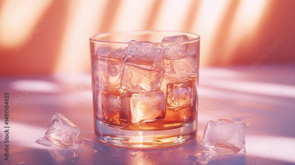 Glass of whiskey with ice cubes and soft light creating a warm ambiance in a stylish setting Glass of whiskey with ice cubes and soft light creating a warm ambiance in a stylish setting