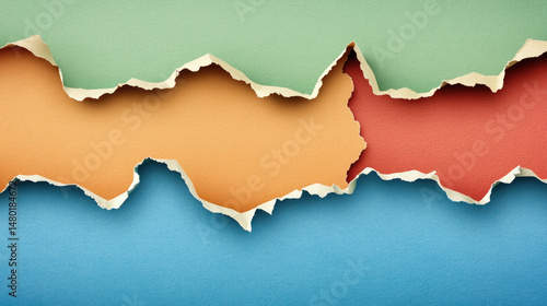 Torn colored paper layers reveal different hues, creating a layered abstract design