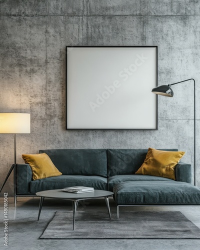 Modern living room interior mockup featuring blank frame on concrete wall with sofa and lamps low angle shot